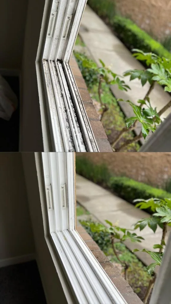 Before and after: window frame and track cleaned by NobleClean SF